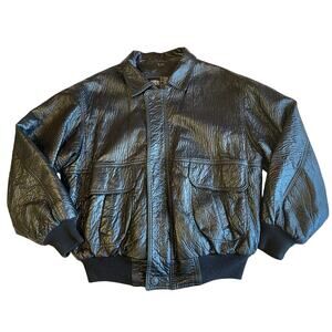 VTG GV Hand Made in Italy Black Textured Mens Bomber Retro Leather Jacket Lg